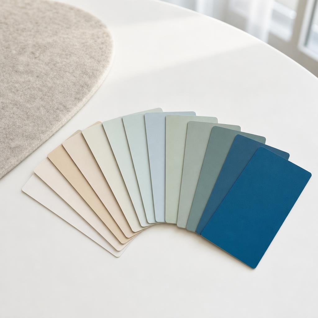 Colour swatches laid out on a white table