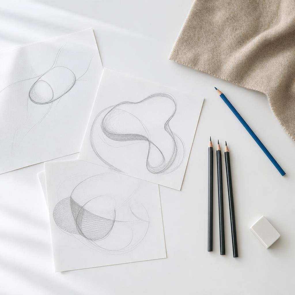Minimal studio desk with sketches and pencils