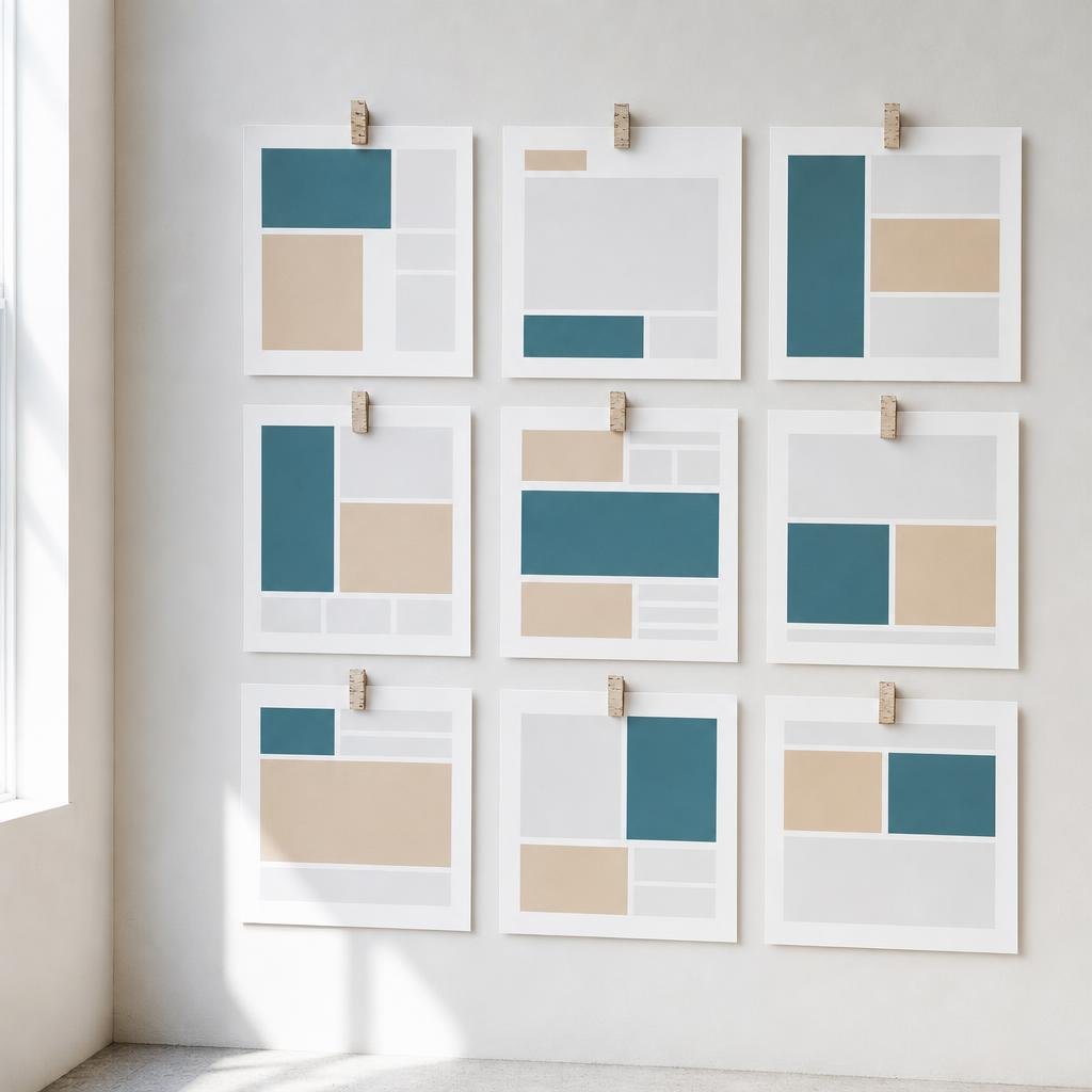 Printed layouts pinned on a light wall