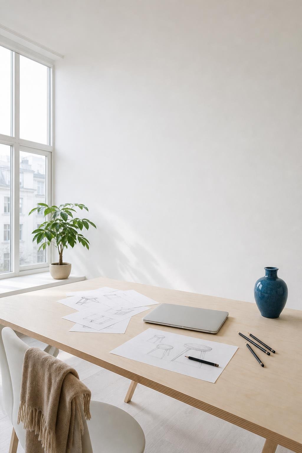 Bright minimal studio workspace with a wooden desk and sketches