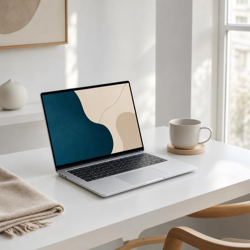 Laptop showing design work beside a coffee cup