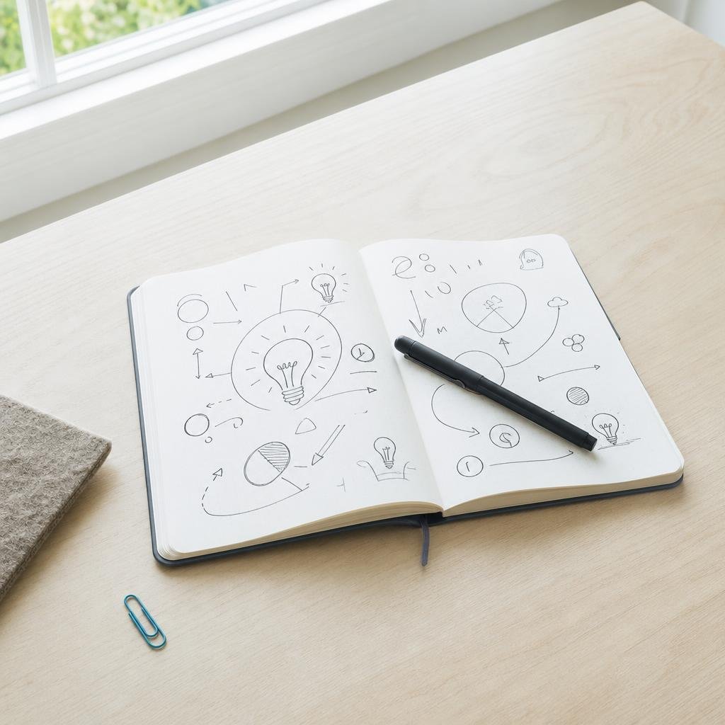 Notebook with hand-drawn ideas and a pen