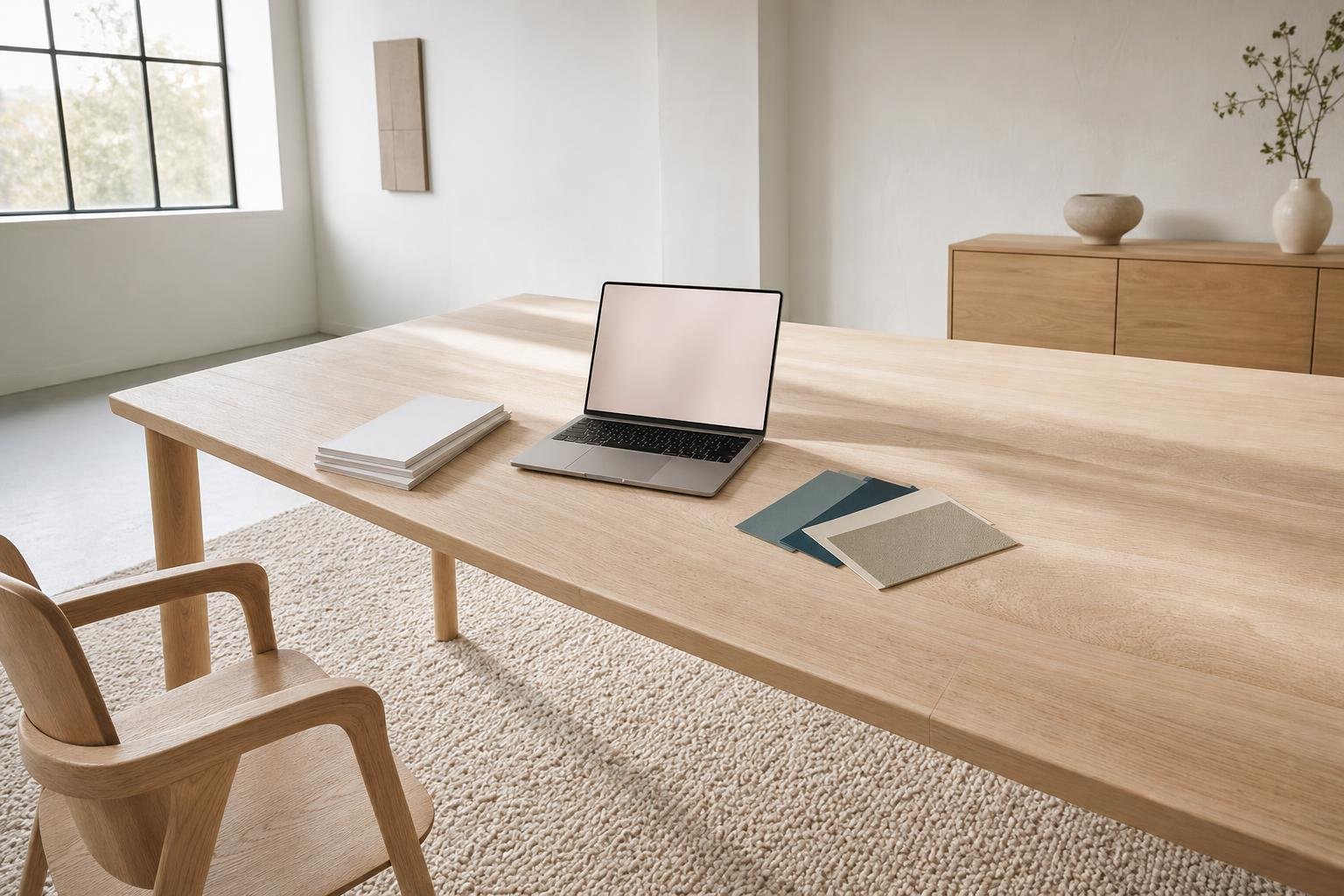 Sunlit studio room with a large table, laptop and paper samples