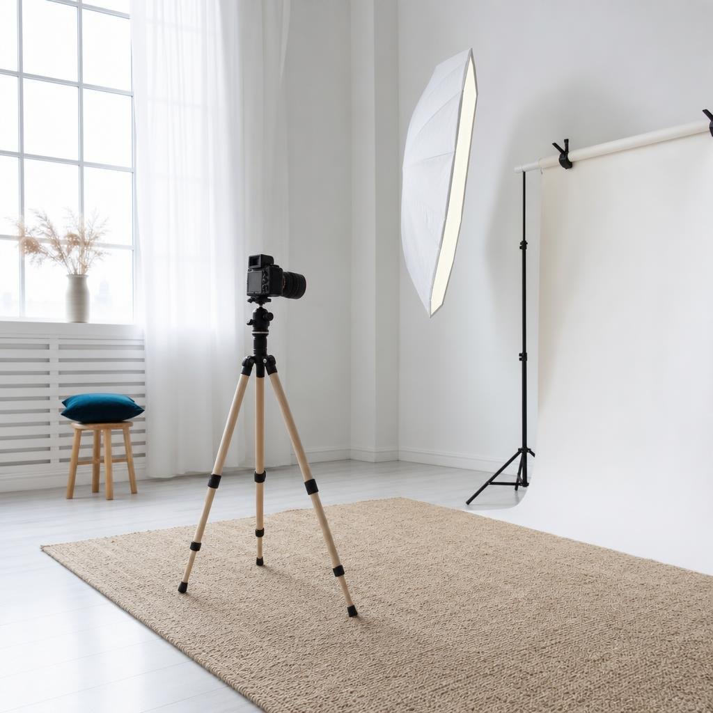Camera on a tripod in a bright white room