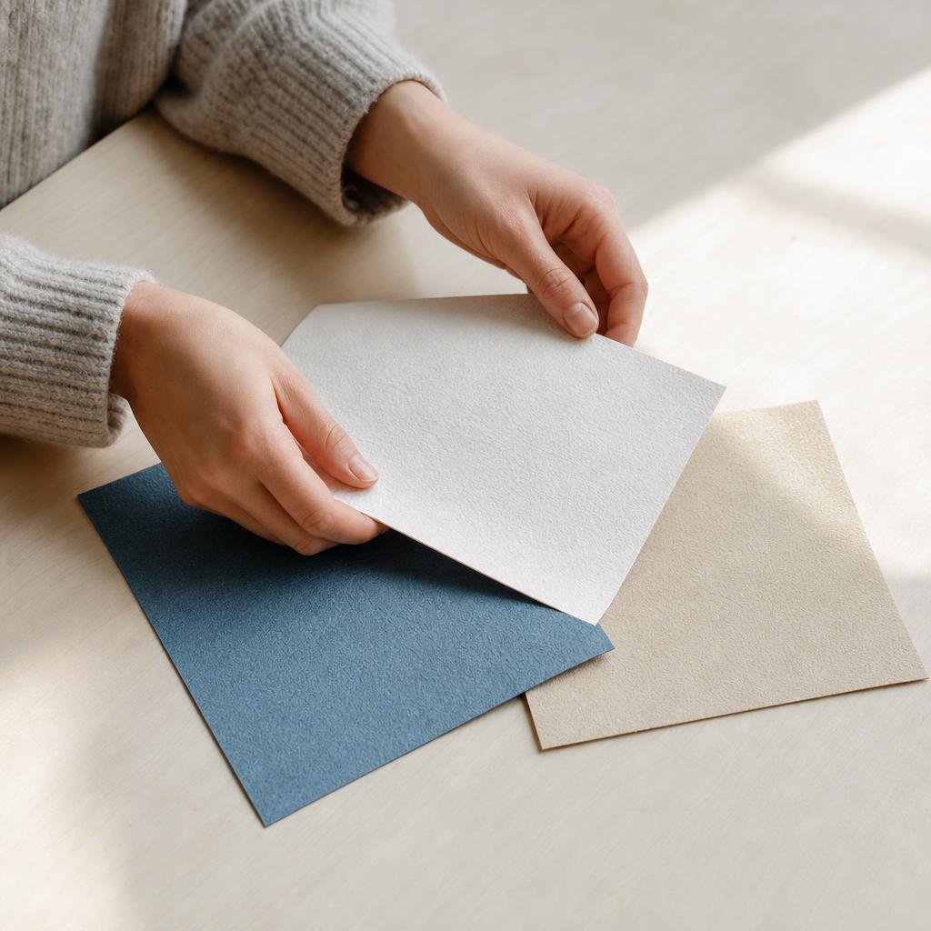 Hands arranging paper samples on a birch table